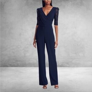 Ralph Lauren | Navy Blue Lace Edgy Puff Sleeve Straight Leg Evening Jumpsuit